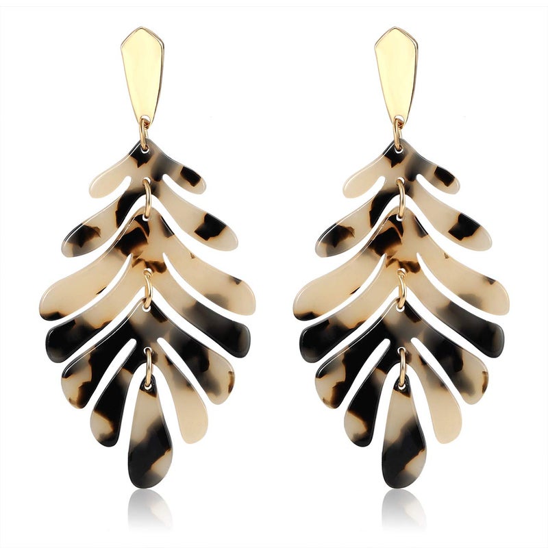 ARATLENCH Acrylic Pendant necklace Earrings â€“ Long Statement Leaf Charm Necklace Tortoise Resin Palm Leaf Earrings Fashion Necklaces Earrings for Women(Leopard-earrings) - Image 1